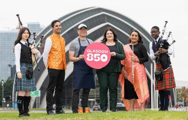 Sasha and Kaylan representing Piping Live! (r-l), Sanjay and Diljeet representing Glasgow Mela, Eddie Kim from Gomo Kimchi and Cllr Susan Aitken